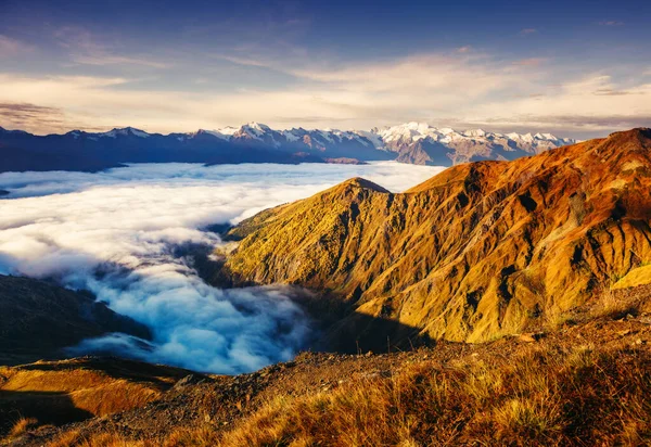 Fantastic Panorama Range Shrouded Mist Foot Ushba Dramatic Foggy Scene — Stock Photo, Image