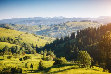 Güneş ışığıyla parlayan harika bir dağ köyü manzarası. Resim gibi ve muhteşem bir sabah sahnesi. Popüler turist eğlencesi. Mekan Karpatlar, Ukrayna, Avrupa. Sanatsal resim. Güzellik dünyası.