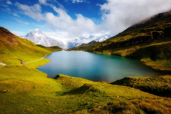 Gran Vista Del Monte Schreckhorn Wetterhorn Sobre Lago Bachalpsee Escena —  Fotos de Stock