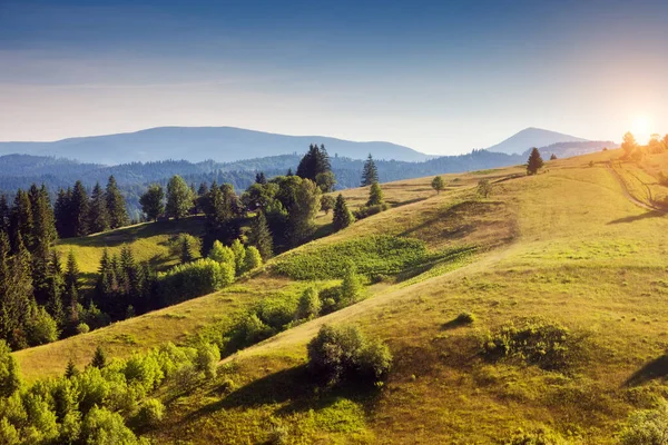 Great View Alpine Valley Glowing Sunlight Picturesque Gorgeous Morning Scene — Stock Photo, Image