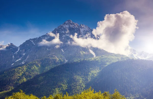 Fantastic Snow Peaks Ushba Morning Light Picturesque Gorgeous Scene Location — Stock Photo, Image