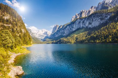 Büyük gök mavisi alp gölü Vorderer Gosausee Resim gibi ve muhteşem bir sabah sahnesi. Salzkammergut Yukarı Avusturya 'daki Gosau Vadisi' nde bulunan ünlü bir tatil köyüdür. Dachstein buzulu. Güzellik dünyası.