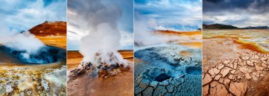 Yaratıcı kolaj jeotermal alan Hver (Hverarond) dikey fotoğraflı. Dramatik ve resimli bir sahne. Myvatn Gölü, Krafla, İzlanda 'nın kuzeydoğu bölgesi, Avrupa. Güzellik dünyası.