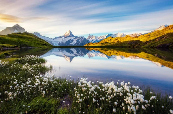 Piękny Widok Schreckhorn Wetterhorn Nad Jeziorem Bachalpsee Sceny Dramatyczne Malownicze — Zdjęcie stockowe