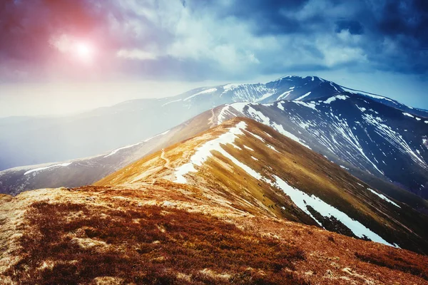 Güneş Işığıyla Parlayan Kar Tarlalarının Harika Manzarası Dramatik Resimli Bir — Stok fotoğraf
