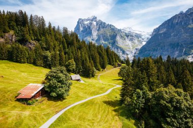 Eiger Köyü 'nün manzarası çok etkileyici. Resimli ve muhteşem bir sahne. Popüler turist eğlencesi. İsviçre Alpleri, Grindelwald Vadisi, Bernese Oberland, Avrupa. Güzellik dünyası.