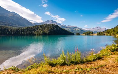 Champfer 'in Alp Vadisi' ndeki masmavi gölet manzarası harika. Popüler turist eğlencesi. Resimli ve muhteşem bir sahne. İsviçre Alpleri, Silvaplana Köyü, Maloja Bölgesi, Avrupa. Güzellik dünyası.