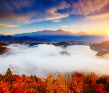 Alp Gölü 'ndeki adanın havadan görünüşü Osojnica' nın bakış açısından kanadı. Harika ve muhteşem bir sabah sahnesi. Popüler turist eğlencesi. Ünlü yer Julian Alps, Slovenya, Avrupa. Güzellik dünyası.