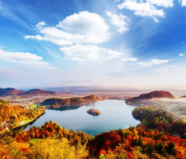 Luftaufnahme Der Insel Bleder Bergsee Vom Aussichtspunkt Osojnica Tolle Und — Stockfoto