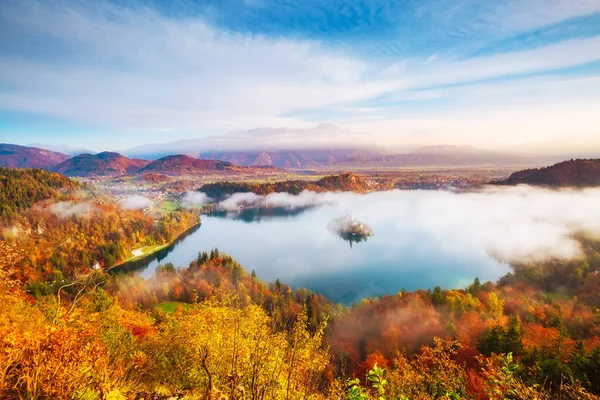 オゾニツァから見た高山湖の空中風景 素晴らしいと豪華な朝のシーン 人気の観光名所 場所ジュリアンアルプス スロベニア ヨーロッパ 芸術作品 美の世界 — ストック写真