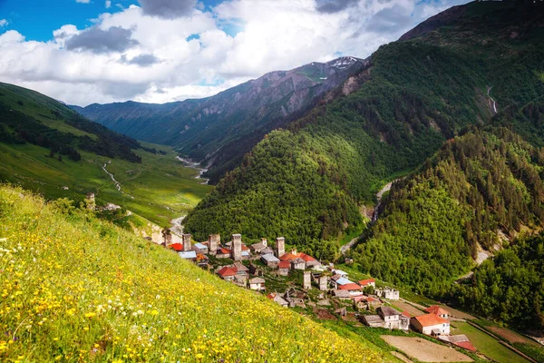 Fantastic View Highest Mountain Village Adishi Picturesque Gorgeous Scene Famous — Stock Photo, Image