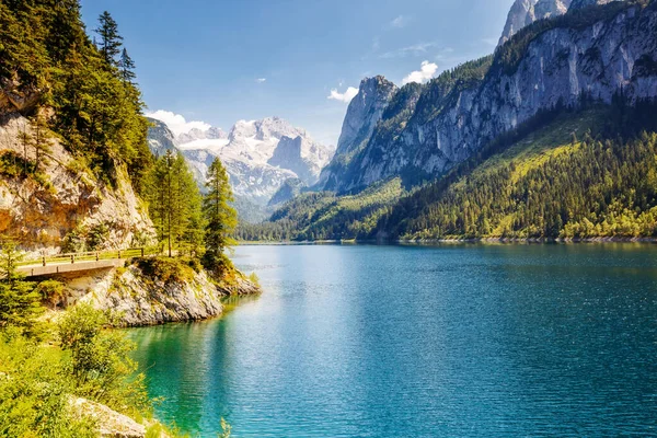 Grande Azzurro Lago Alpino Vorderer Gosausee Pittoresca Splendida Scena Mattutina — Foto Stock