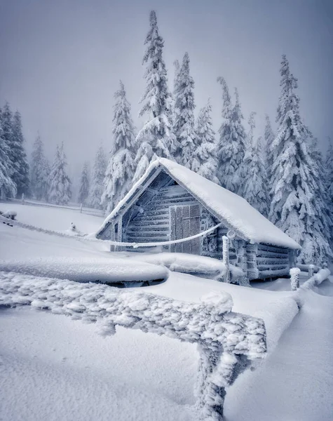 Fantastisk Utsikt Över Fjällstugan Täckt Med Snö Lägenhet Jultomten Pittoresk — Stockfoto