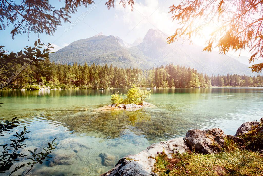 Famous tourist attraction of calm lake Hintersee. Picturesque scene. Location resort Ramsau, National park Berchtesgadener Land, Upper Bavaria, Germany Alps, Europe. Explore the world's beauty.