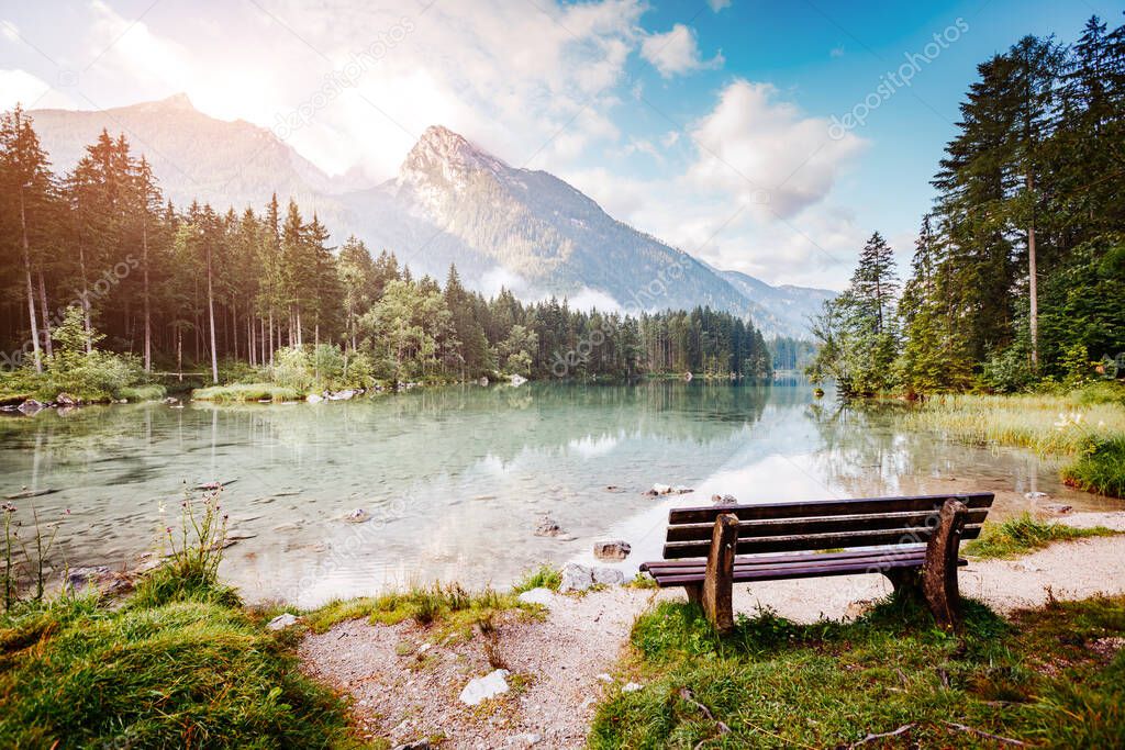 Scenic surroundings of popular tourist attraction Hintersee. Picturesque scene. Location resort Ramsau, National park Berchtesgadener, Upper Bavaria, Germany Alps, Europe. Explore the world's beauty.