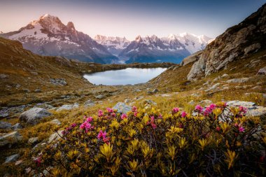 Beyaz Göl (Lac Blanc) ile Mont Blanc buzulu manzarası. Popüler turist eğlencesi. Resimli ve muhteşem bir sahne. Yerleşim yeri: Aiguilles Rouges, Graian Alpleri, Fransa, Avrupa.