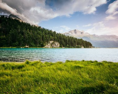 Champfer 'in Alp Vadisi' ndeki masmavi gölet manzarası harika. Resimli ve muhteşem bir sahne. İsviçre Alpleri, Silvaplana köyü. Avrupa. Retro ve klasik tarzda. Instagram tonlama etkisi. Güzellik dünyası.