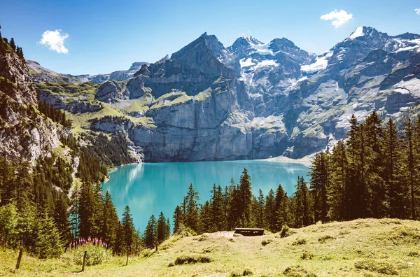 Panorama Över Den Azurblå Dammen Oeschinensee Populär Turistattraktion Pittoresk Och — Stockfoto