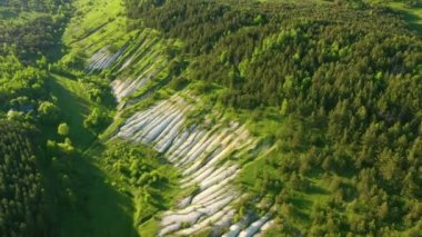 Tebeşir tepeleri ve yeşil ormanın üzerinde uçan bir helikopter. UHD 4k video ile çekildi.