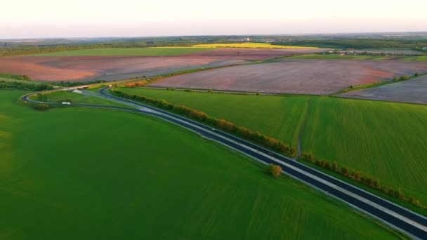 Drone Che Sorvola Strada Rurale Passando Attraverso Terreni Agricoli Campi — Video Stock