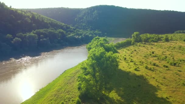 壮大な川と緑の谷の絵のような景色を鳥の目のビューから Uhd 4Kビデオで撮影 — ストック動画
