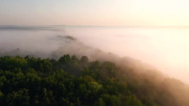 Şafaktan önce ovayı kaplayan kalın bir sis üzerine bir dron atışı. UHD 4k video ile çekildi.