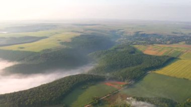Dinyester Nehri 'nin sisli kanyonunun kuş bakışı muhteşem panoramik manzarası. UHD 4k video ile çekildi.