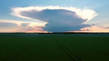 Kasırganın önünde, yeşil bir tarlanın üzerinde kara uğursuz bulutlar. UHD 4k video ile çekildi.