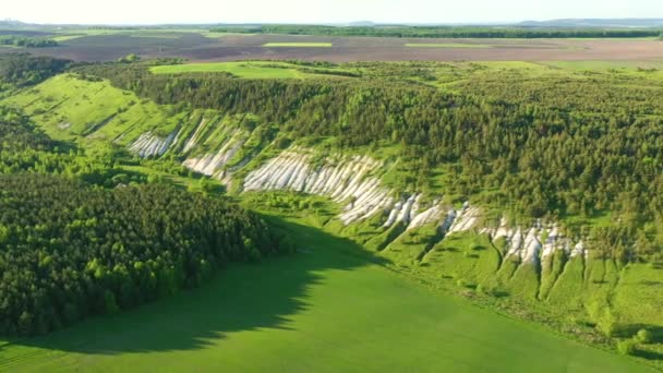 Een Helikopter Die Witte Krijtheuvels Het Groene Bos Vliegt Gefilmd — Stockvideo