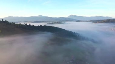 Huzurlu kırsal alan kuş bakışı görüş açısından kalın bir sis ile kaplıdır. UHD 4k video ile çekildi.