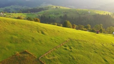 Sabahın köründe yeşil yuvarlanan tepelerin olduğu sakin bir kır manzarası. UHD 4k video ile çekildi.