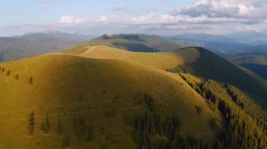 Güneşli bir günde Alp otlağındaki bir dronun nefes kesici görüntüleri. UHD 4k video ile çekildi.