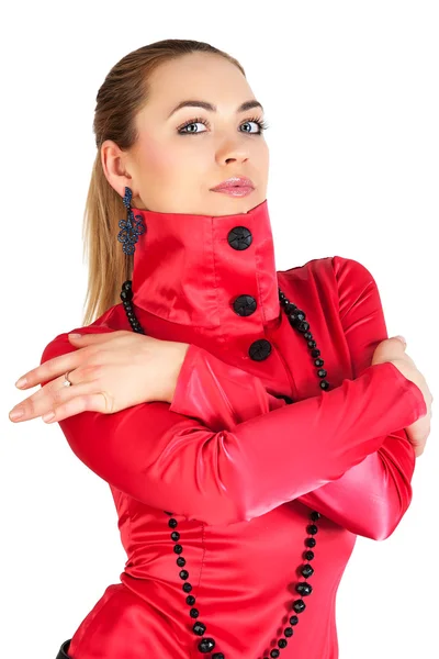 Retrato de una joven en blusa roja sobre fondo blanco . — Foto de Stock