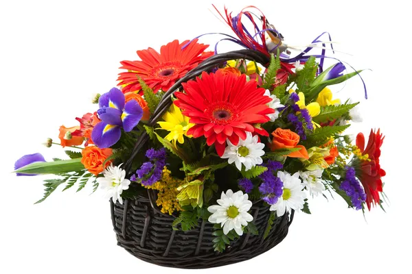 Beautiful bouquet of colorful spring flower in a basket. — Stock Photo, Image