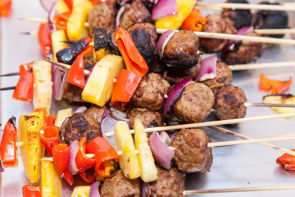 Grilled Meatball and Pineapple Kebabs — Stock Photo, Image