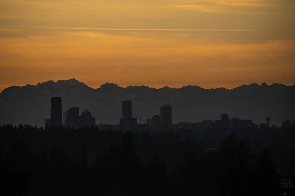 Coucher Soleil Seattle Skyline Vue Sur Journée Ensoleillée Hiver — Photo