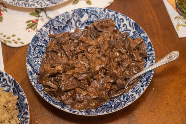 Sauteed Champignons Met Uien Een Traditioneel Bijgerecht Bij Wigilia Kerstavond — Stockfoto