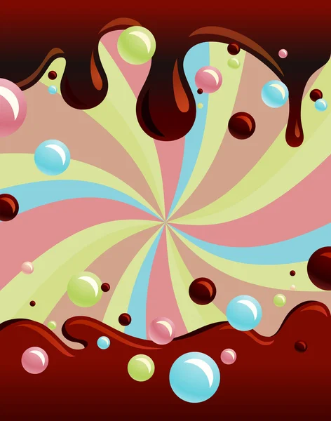 Bakgrund med flödande choklad och färg bubblor — Stock vektor