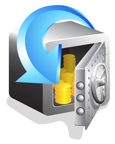 Open bank safe with golden coin — Stock Vector
