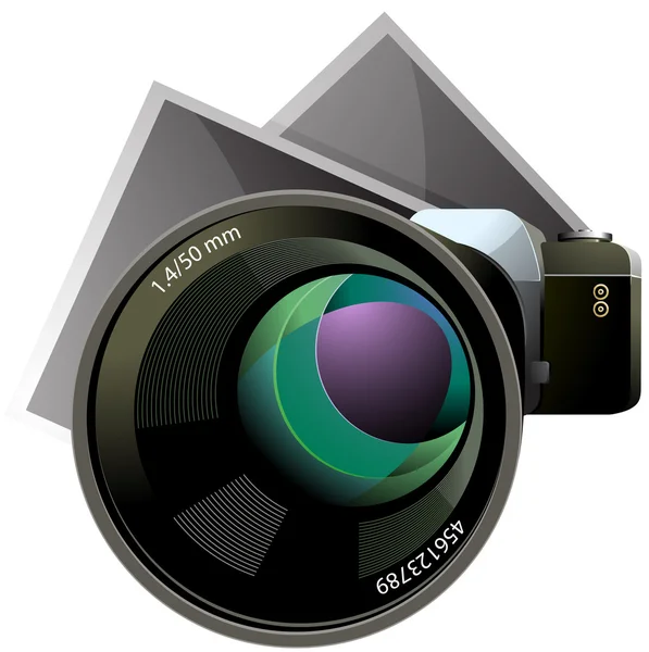 SLR camera met vellen fotopapier — Stockvector