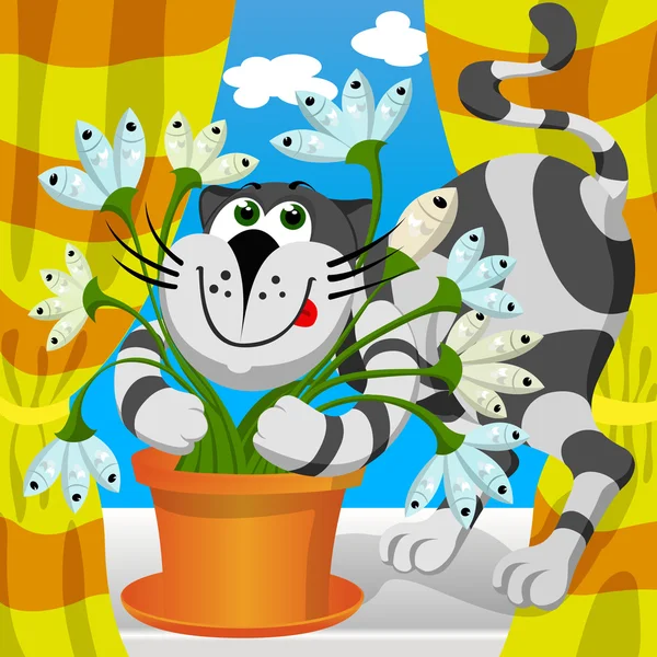 Vector illustration - cat embraces fish flower. — Stock Vector