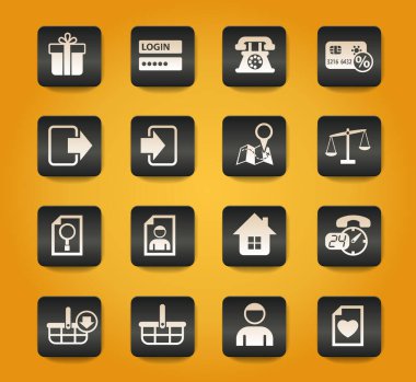 Sarı arkaplandaki siyah düğmelerdeki e-ticaret arayüzü sembolleri