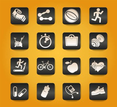 Sarı arkaplanda siyah düğmelerdeki fitness sembolleri