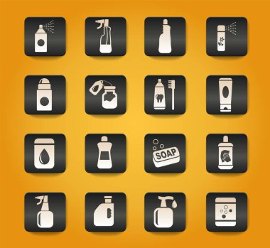 Sarı arka plandaki siyah düğmelerdeki ev kimyasalları sembolleri