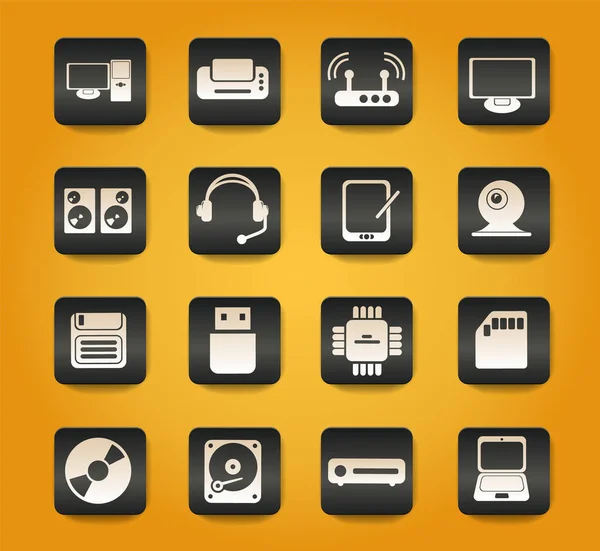 Computer Equipment Symbols Black Buttons Yellow Background — Stock Vector