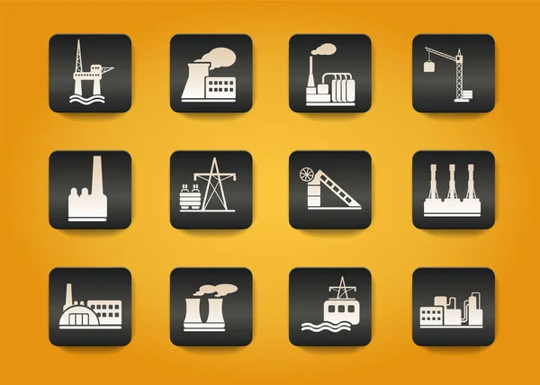 黄色の背景の黒いボタンの工場と産業のシンボル — ストックベクタ