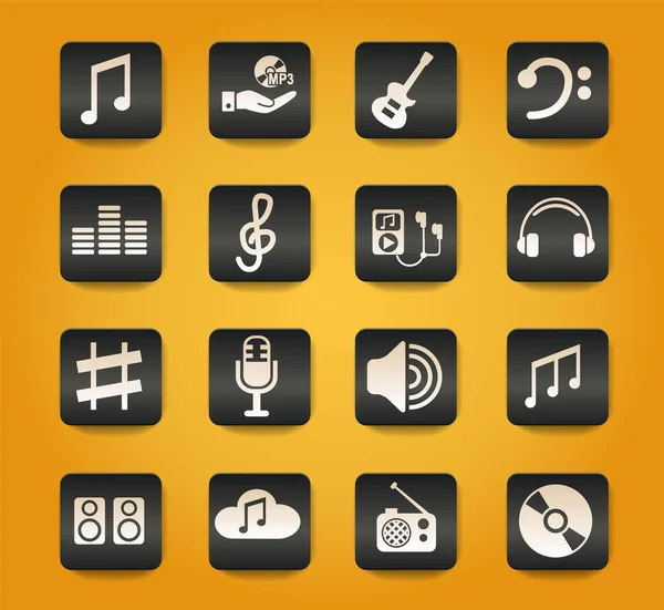 Símbolos Musicales Sobre Botones Negros Sobre Fondo Amarillo — Vector de stock