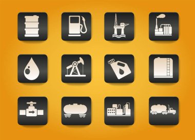 Sarı arkaplanda siyah düğmeler üzerinde petrol ve petrol sanayii sembolleri