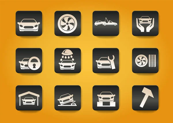 Auto Diensten Symbolen Zwarte Knoppen Gele Achtergrond — Stockvector