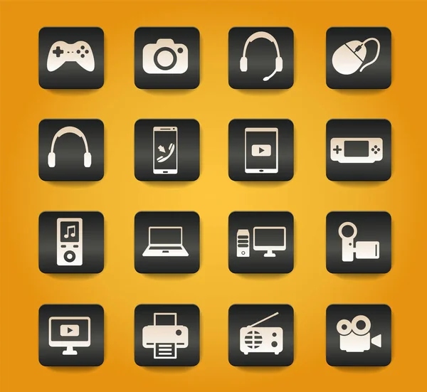 Gadgets Symbole Auf Schwarzen Knöpfen Auf Gelbem Hintergrund — Stockvektor